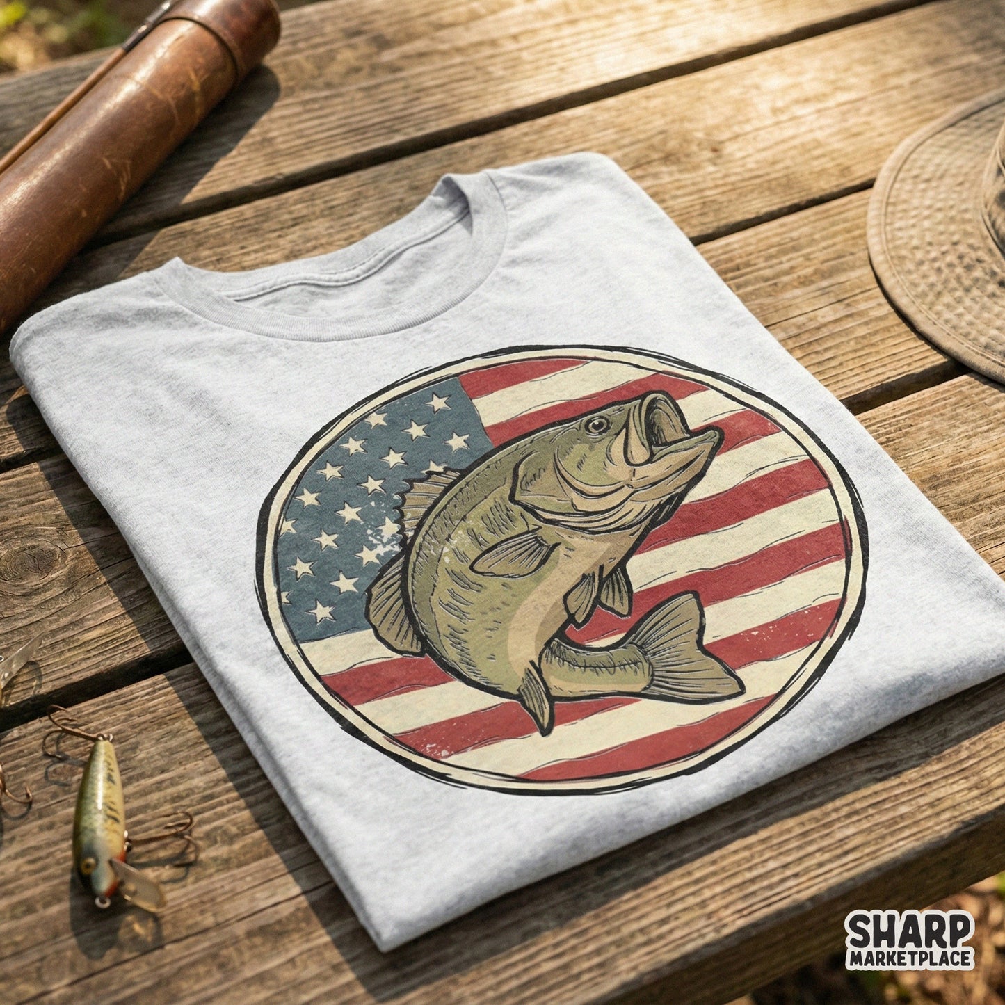 Distressed vintage style American flag bass digital design shown on a gray t-shirt, ideal for sublimation, custom fishing shirts, and outdoor gear.