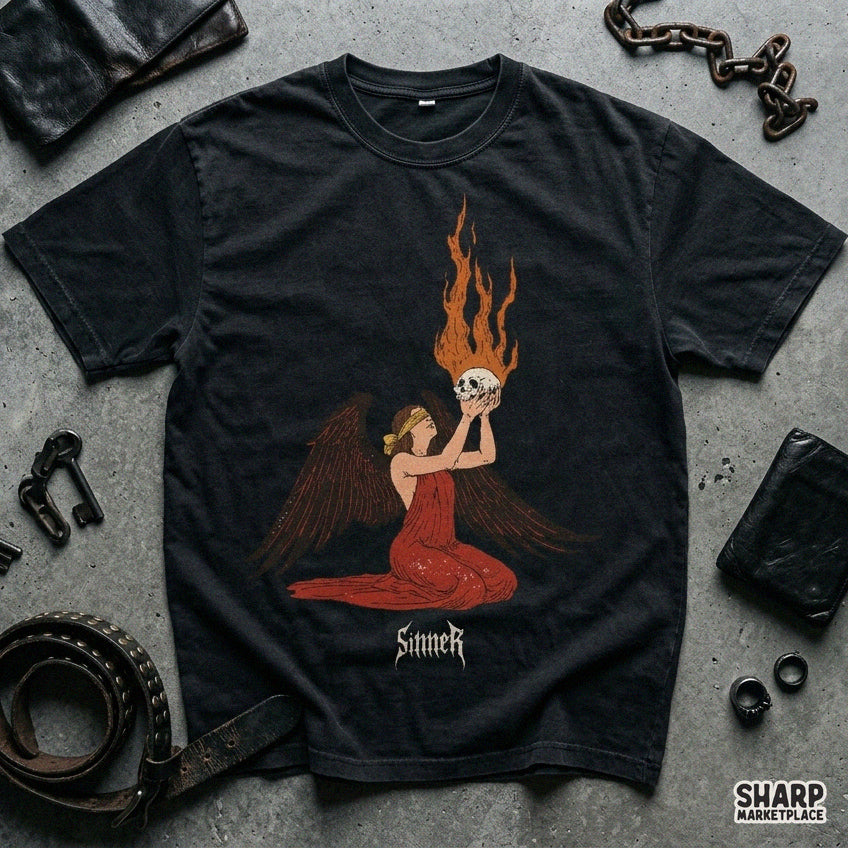 Sinner Dark Winged Angel Holding Flaming Skull DTF PNG