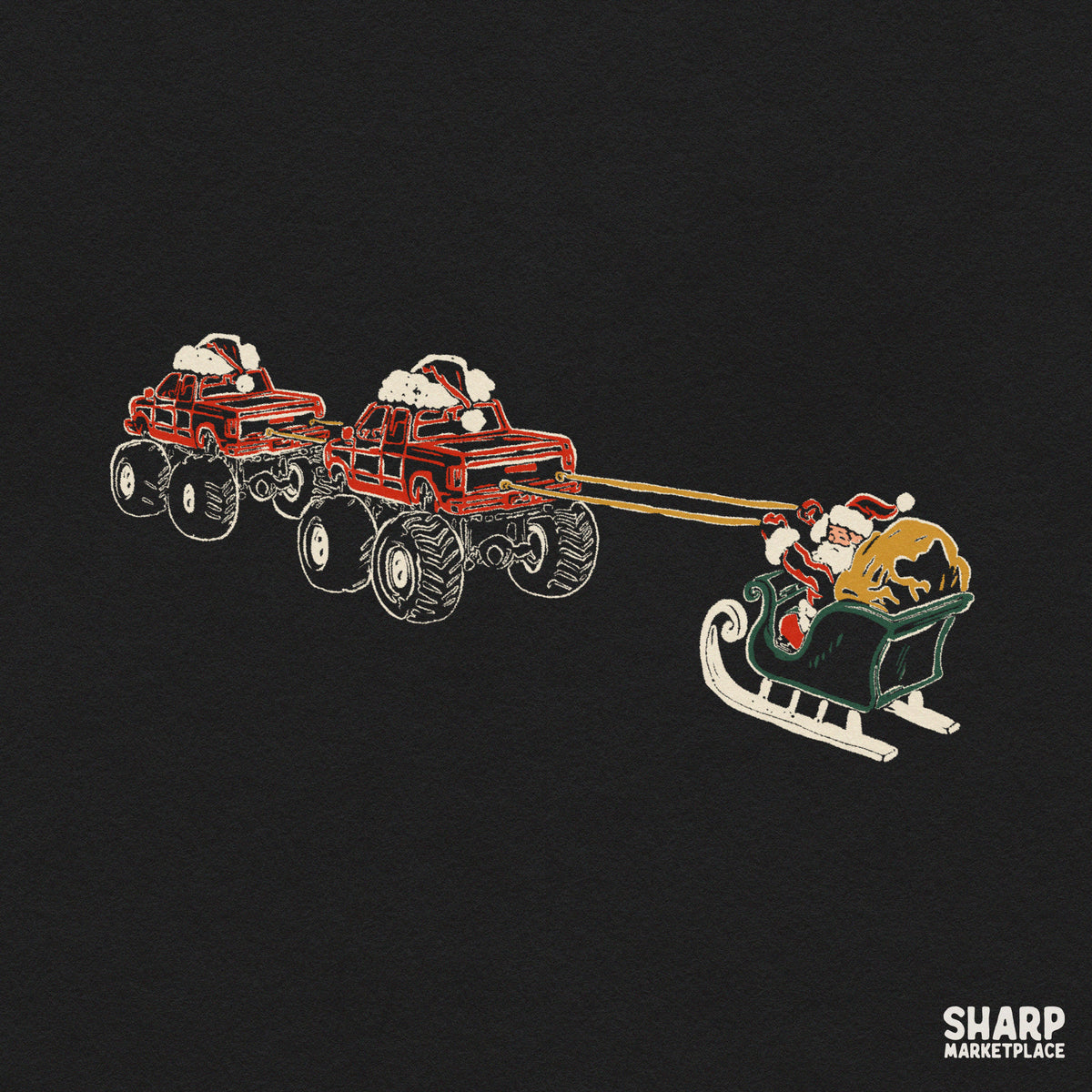 Retro Santa sleigh pulled by lifted 4x4 monster trucks Christmas PNG sublimation design for t-shirts and holiday apparel