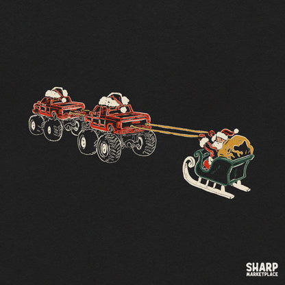 Retro Santa sleigh pulled by lifted 4x4 monster trucks Christmas PNG sublimation design for t-shirts and holiday apparel