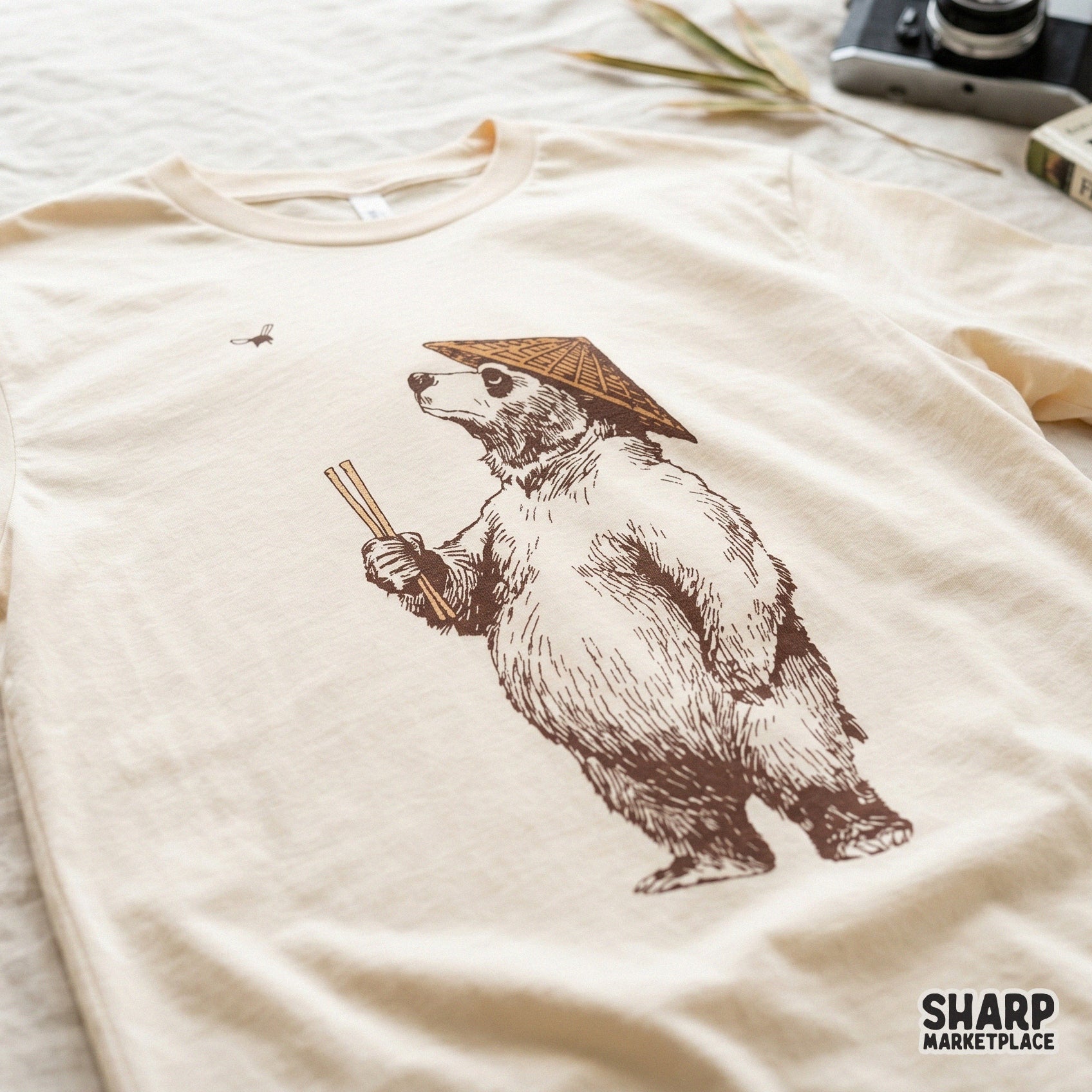Funny retro asian bear looking at fly with chopsticks sublimation design shirt png