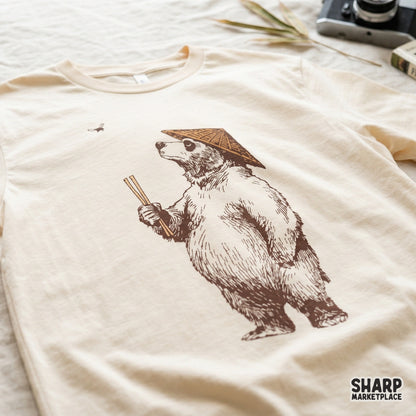 Funny retro asian bear looking at fly with chopsticks sublimation design shirt png