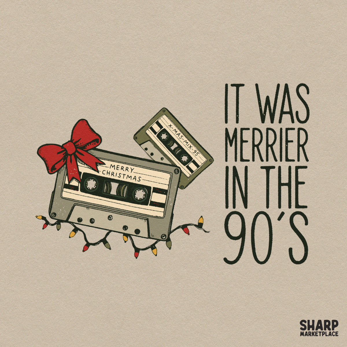 Vintage 90s cassette tape Christmas sublimation design with retro holiday text for festive t-shirts and apparel