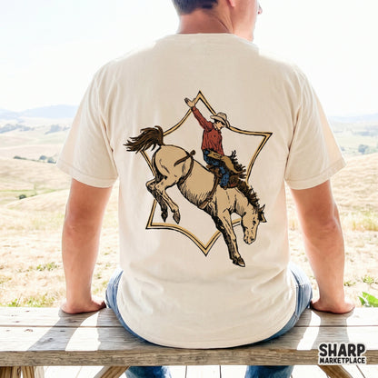 Rodeo cowboy bucking horse with sheriff badge star PNG for trendy western graphic tees and retro country apparel designs