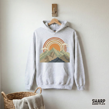 Distressed mountain sunset digital art with a transparent background, perfect for sublimation printing on apparel, stickers, or rustic wall decor.