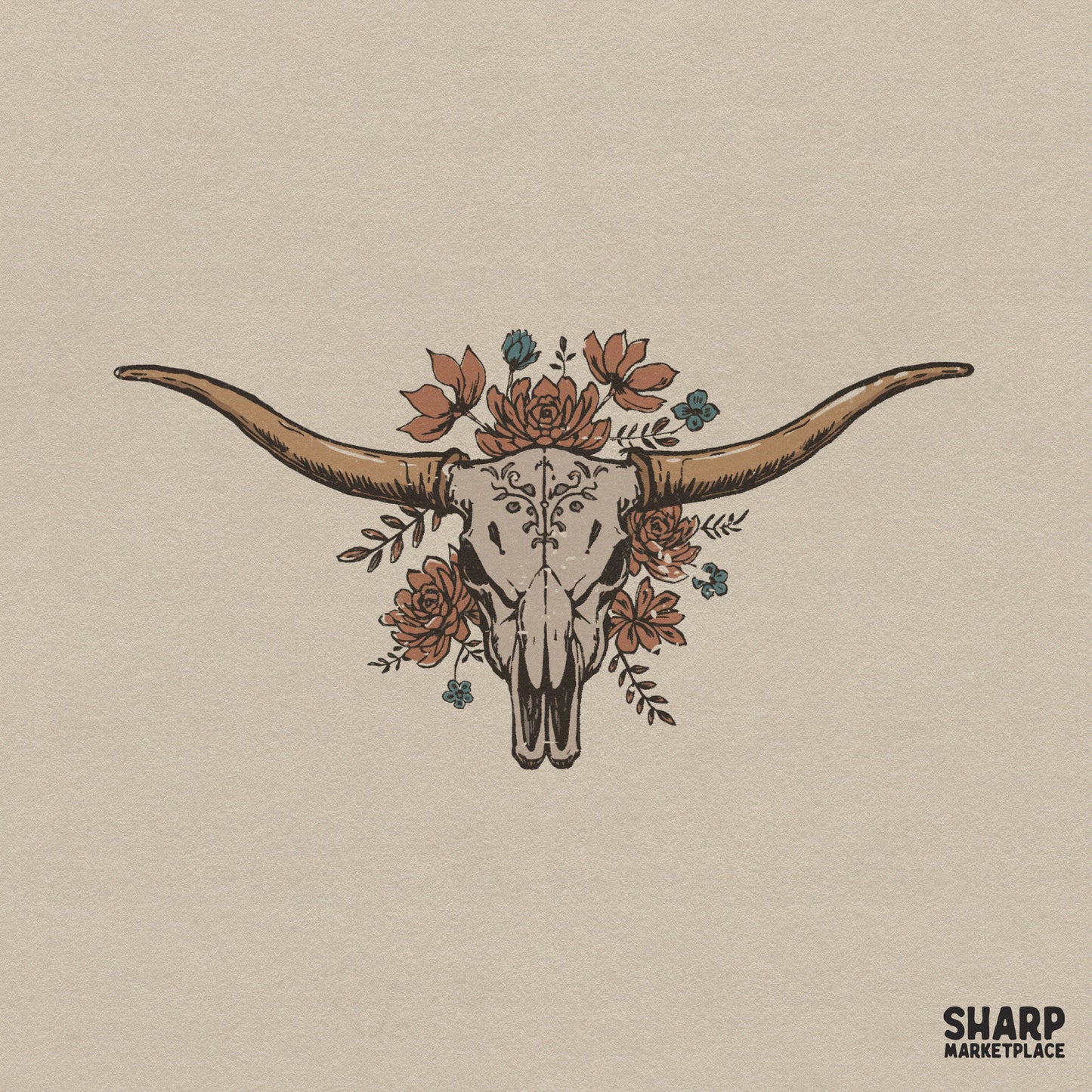 Western longhorn skull digital art with etched forehead details, surrounded by terracotta and blue desert florals, perfect for boho sublimation projects.