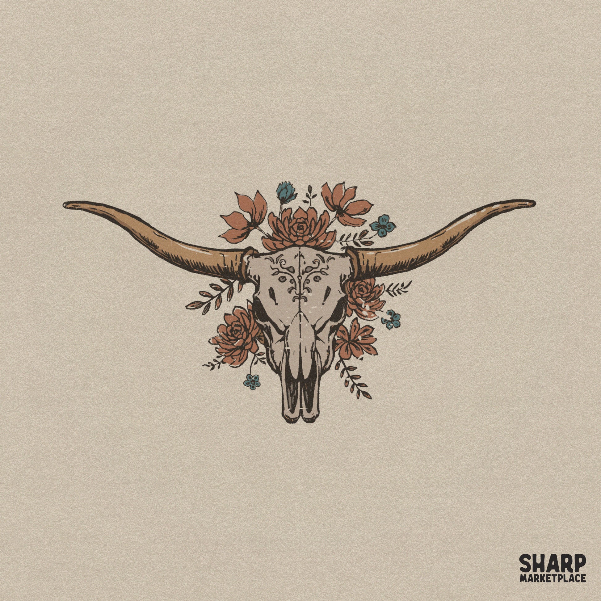 Western longhorn skull digital art with etched forehead details, surrounded by terracotta and blue desert florals, perfect for boho sublimation projects.