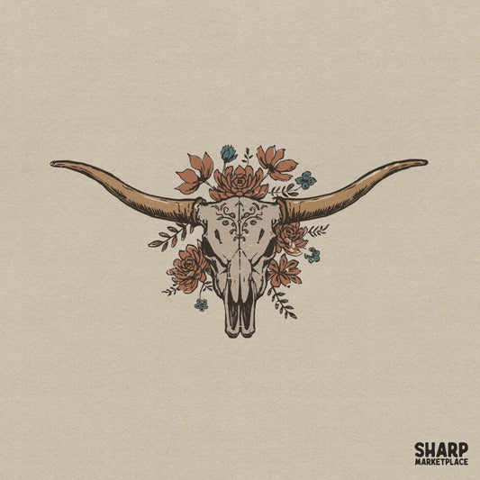 Western longhorn skull digital art with etched forehead details, surrounded by terracotta and blue desert florals, perfect for boho sublimation projects.