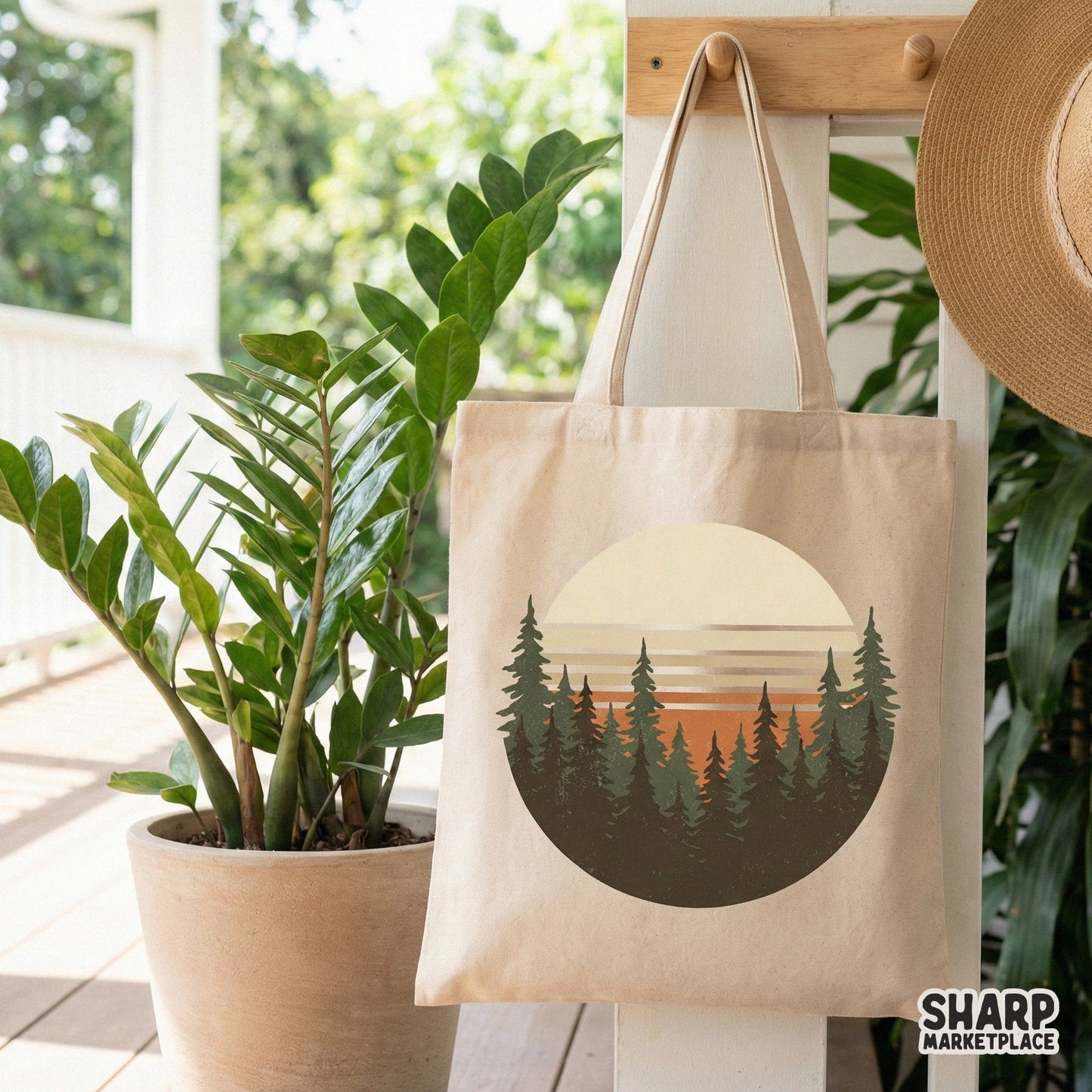 Distressed retro nature graphic with a circular forest silhouette and warm sunset tones, ideal for high-quality print-on-demand shirts and apparel.