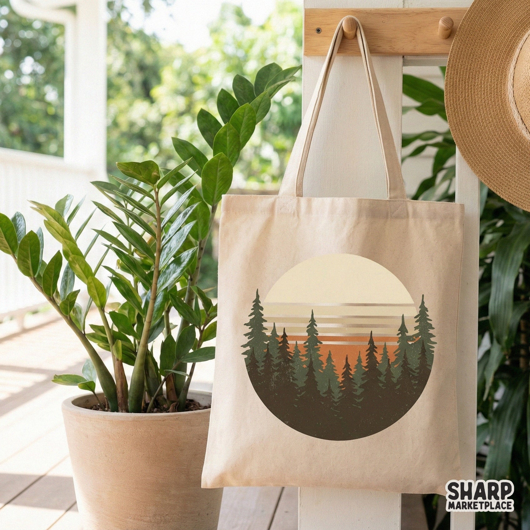 Distressed retro nature graphic with a circular forest silhouette and warm sunset tones, ideal for high-quality print-on-demand shirts and apparel.