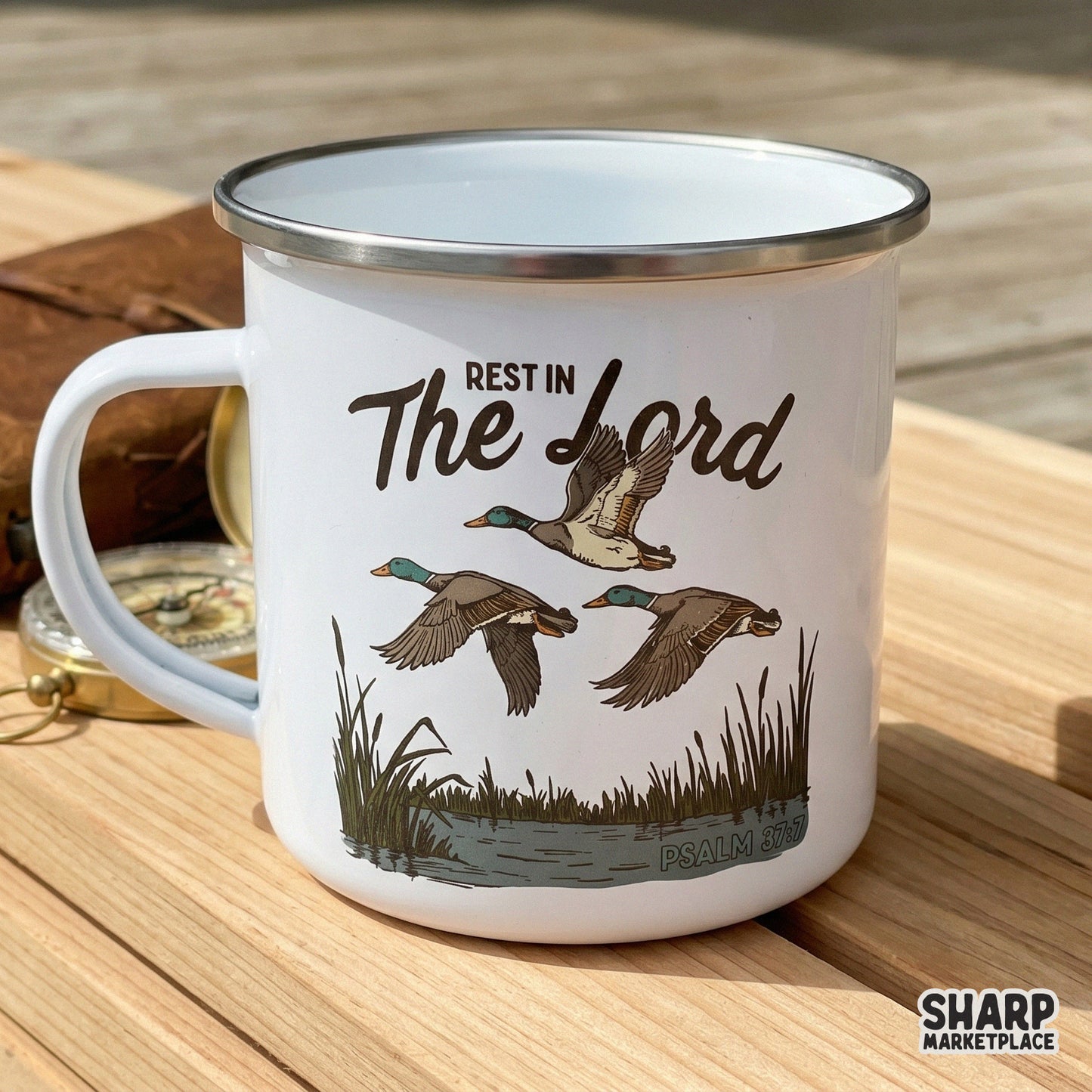 Mallard duck hunting graphic with Rest in the Lord Psalm 37:7 Christian bible verse for shirt designs