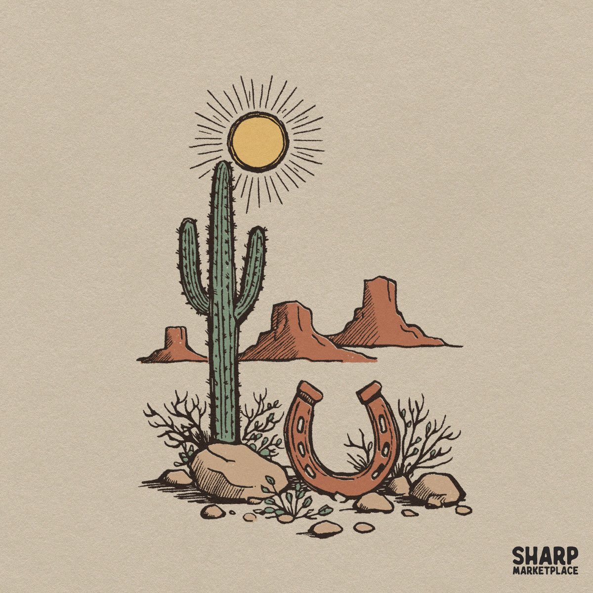 Western desert landscape with saguaro cactus and rusty horseshoe sun retro PNG design for shirts and sublimation