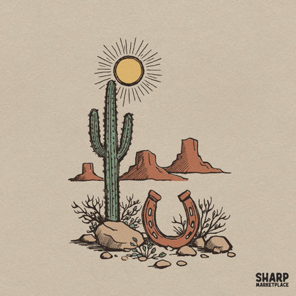 Western desert landscape with saguaro cactus and rusty horseshoe sun retro PNG design for shirts and sublimation
