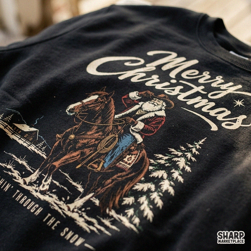 Retro western cowboy Santa riding a horse in the snow PNG graphic for Christmas holiday t-shirts and crafts