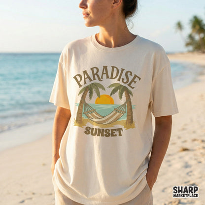 Tropical beach scene digital download with arched Paradise Sunset text, featuring earthy tones for summer stickers or vacation tumblers.