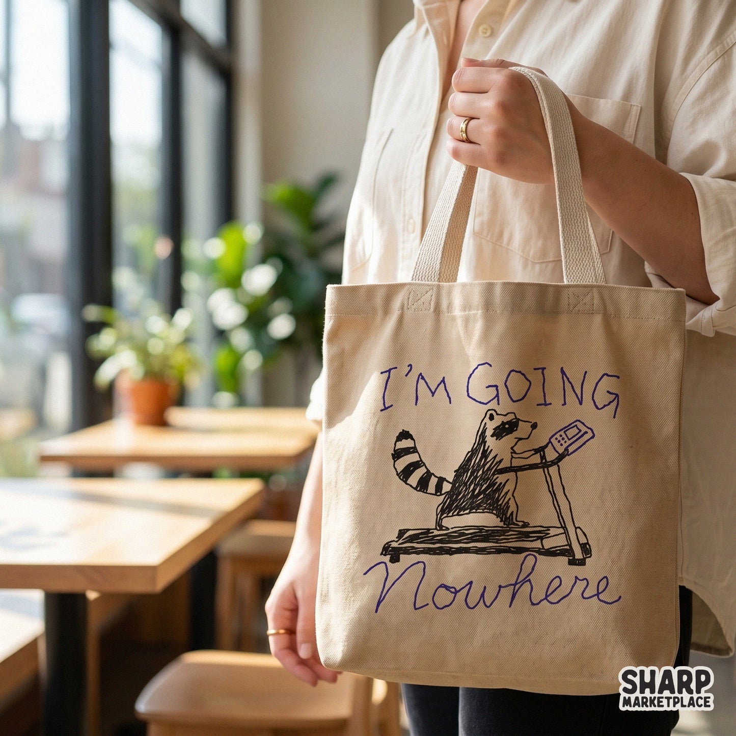 Sarcastic gym-themed digital graphic with a hand-drawn raccoon walking on a treadmill, suitable for print-on-demand apparel and accessories.