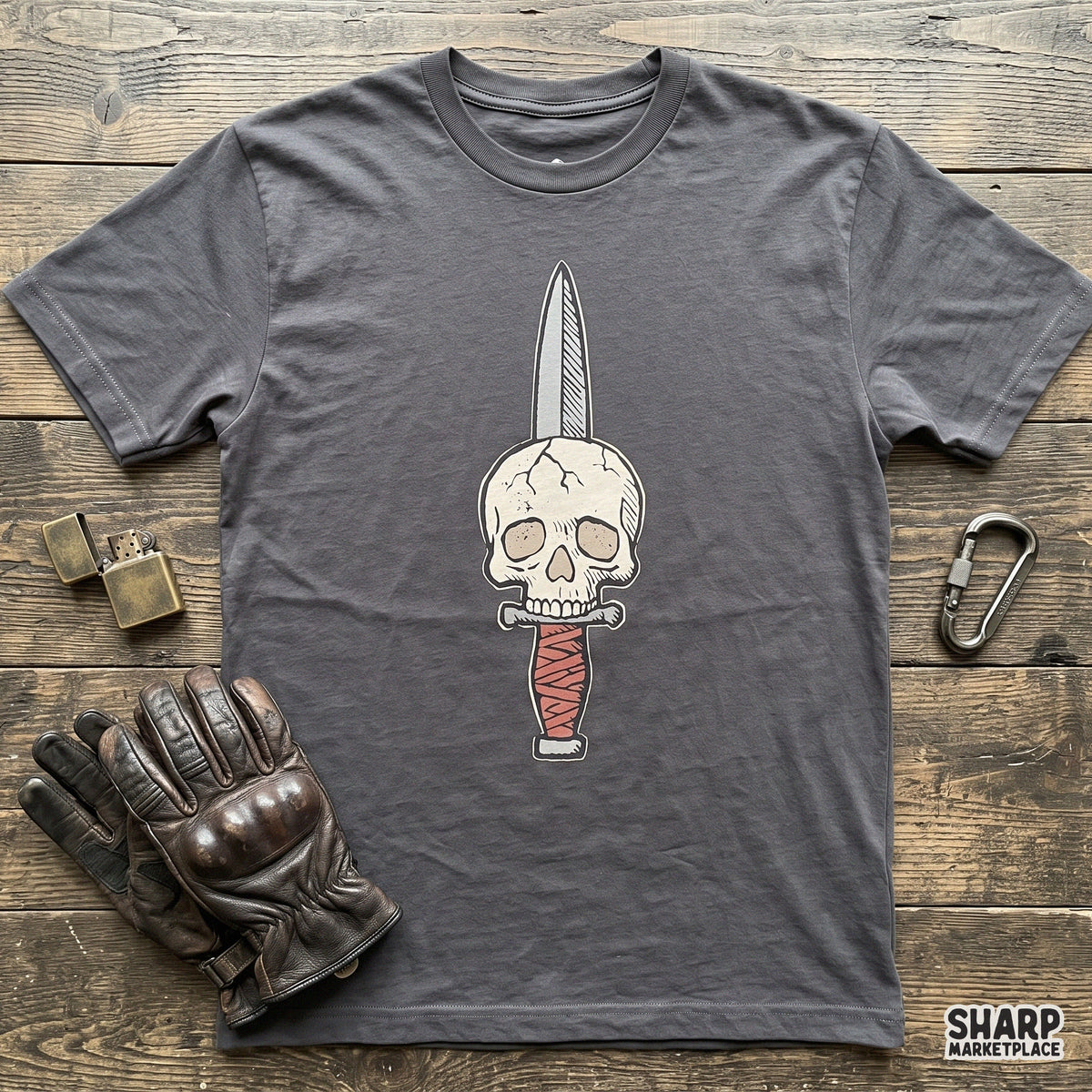 Traditional tattoo style dagger piercing a skull graphic for Halloween t-shirts and spooky sublimation designs