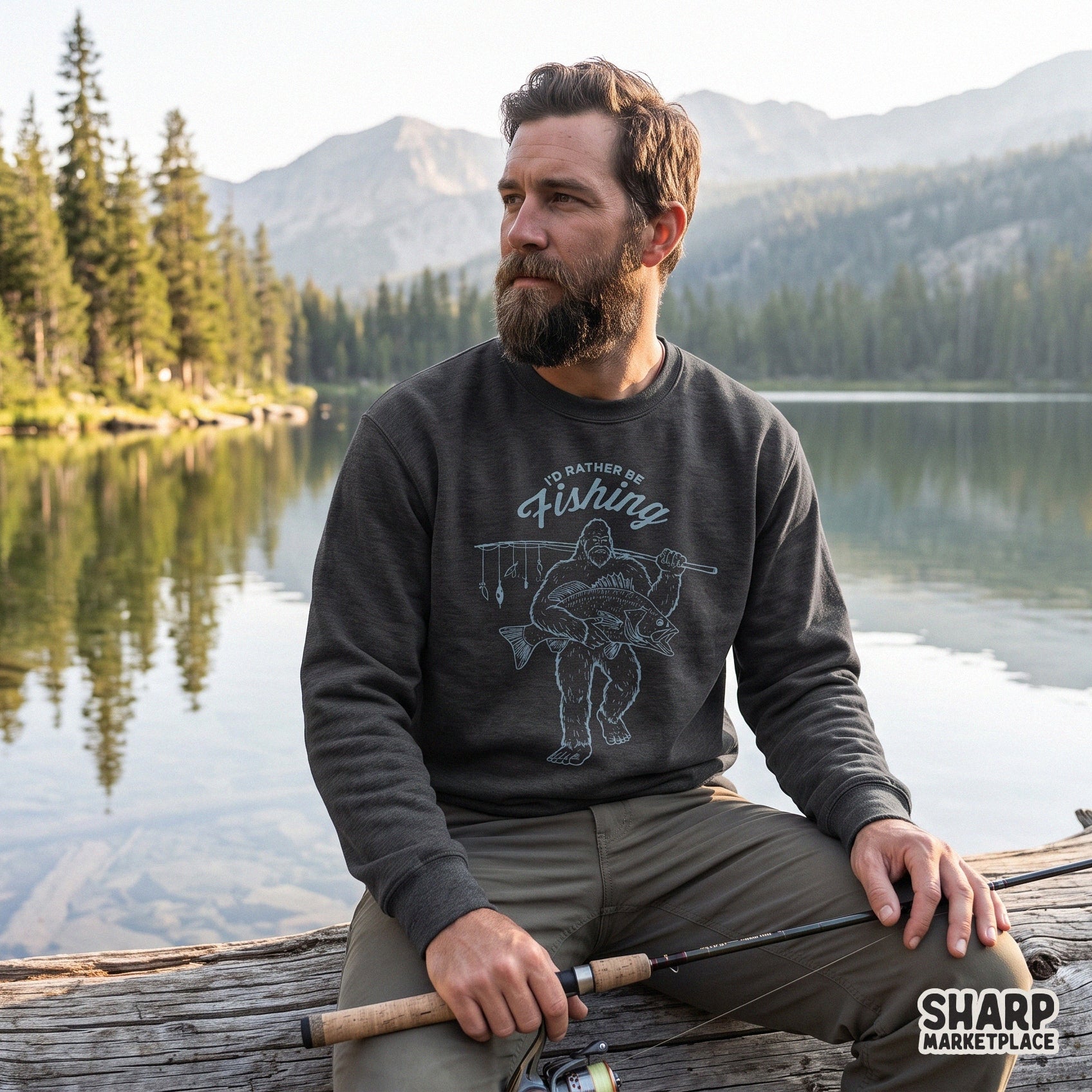 Funny bigfoot fisherman design with retro summer lake life style for fathers day camping apparel and fishing png projects