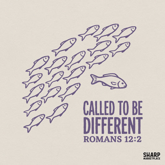 Digital design featuring a school of purple fish swimming together with one larger fish swimming the opposite way, with text Called To Be Different Romans 12:2.