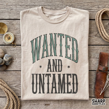 Outlaw-inspired Wanted and Untamed digital download with weathered typography and black stars, ideal for trendy country-themed apparel and DIY projects.