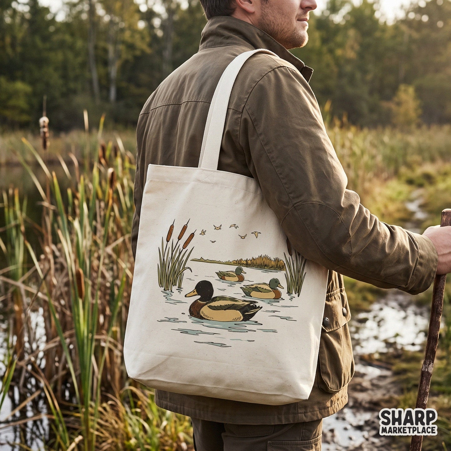 Retro hunting png design featuring mallard ducks swimming in a pond with cattails for lake life shirts and waterfowl art