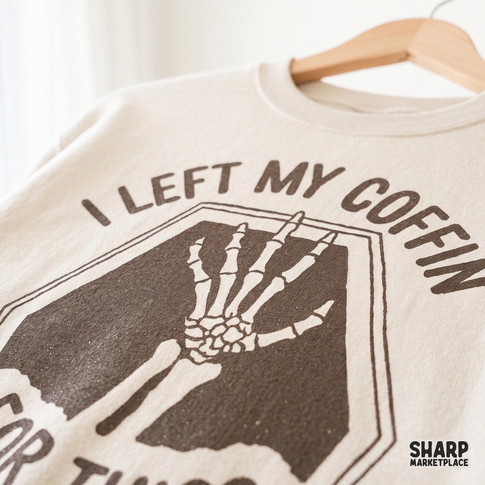 Funny skeleton hand coffee cup with I Left My Coffin For This text for spooky season shirts and Halloween sublimation