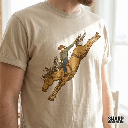 Vintage cowboy riding bucking bronco western PNG for trendy rodeo graphic tees and wild west apparel designs