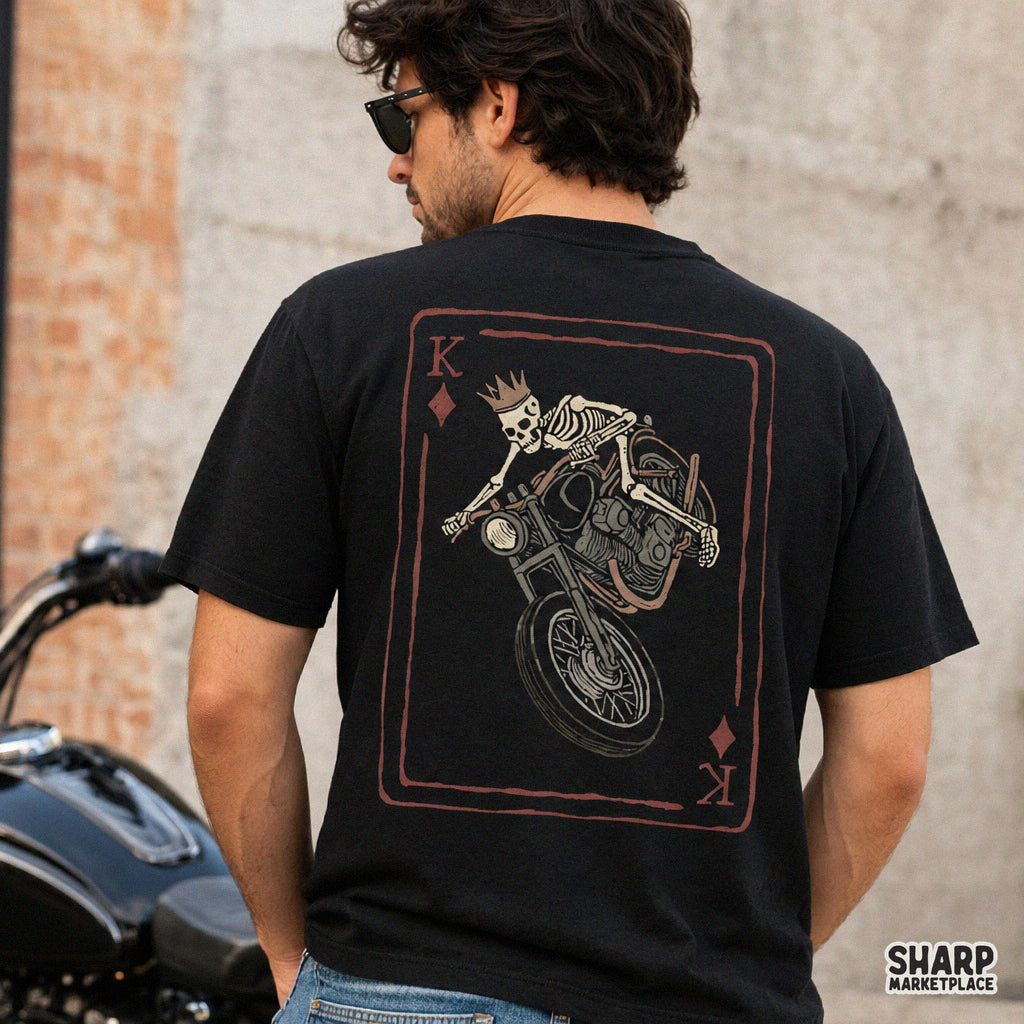 King of Diamonds skeleton biker riding a motorcycle retro skull PNG graphic for streetwear shirts and Halloween decor