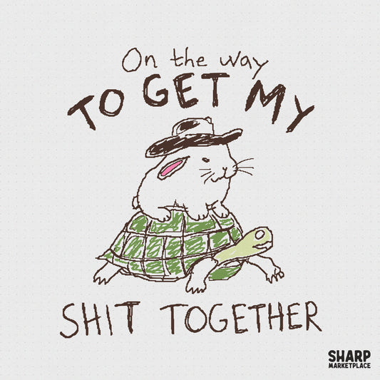 Hand-drawn illustration of a white bunny in a tiny cowboy hat riding a green turtle with the text On the way TO GET MY SHIT TOGETHER.
