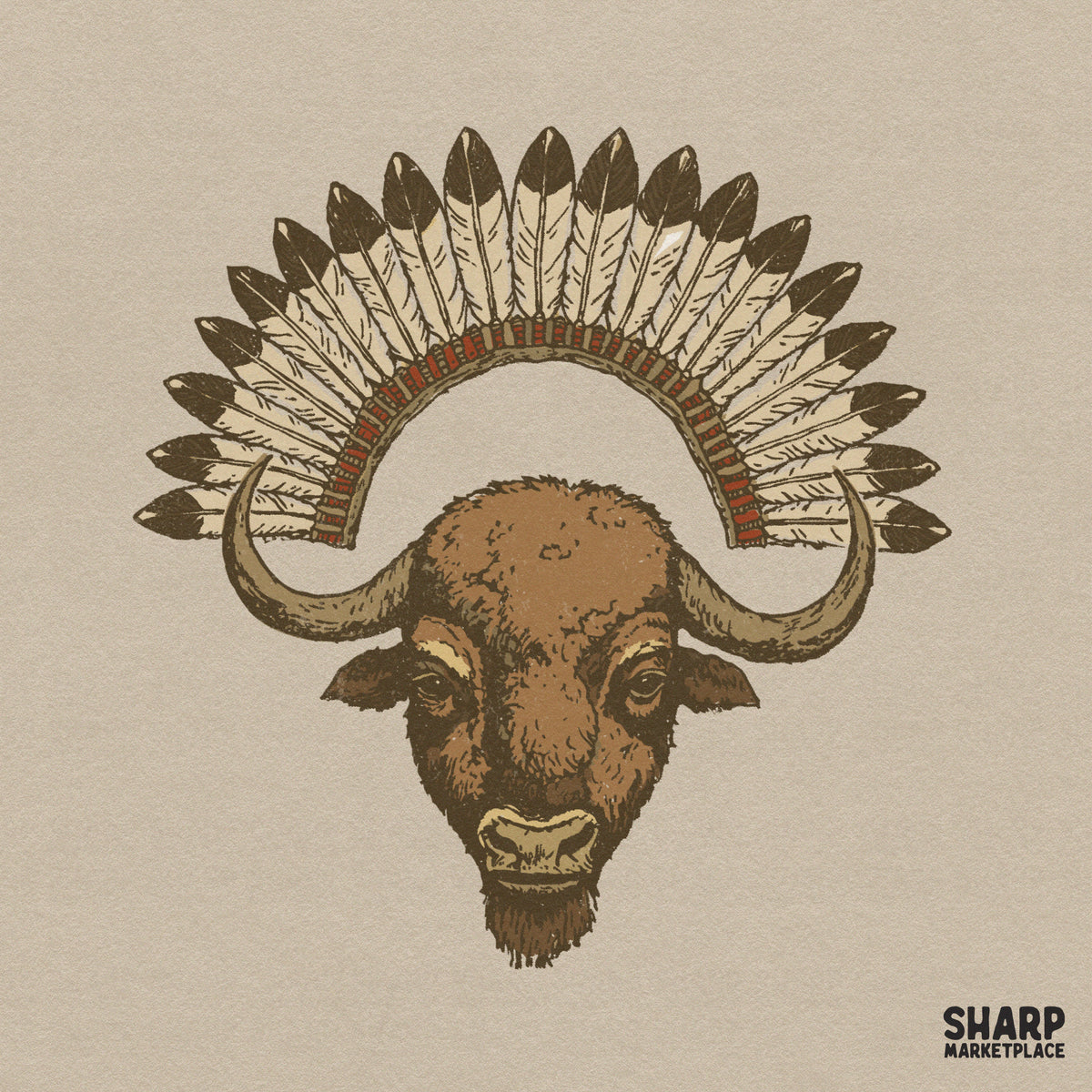 Detailed hand-drawn buffalo head portrait with a rustic feather headdress, perfect for western-themed t-shirt designs and sublimation projects.