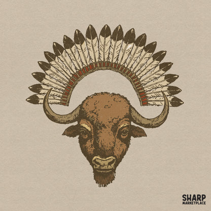 Detailed hand-drawn buffalo head portrait with a rustic feather headdress, perfect for western-themed t-shirt designs and sublimation projects.
