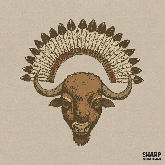 Detailed hand-drawn buffalo head portrait with a rustic feather headdress, perfect for western-themed t-shirt designs and sublimation projects.