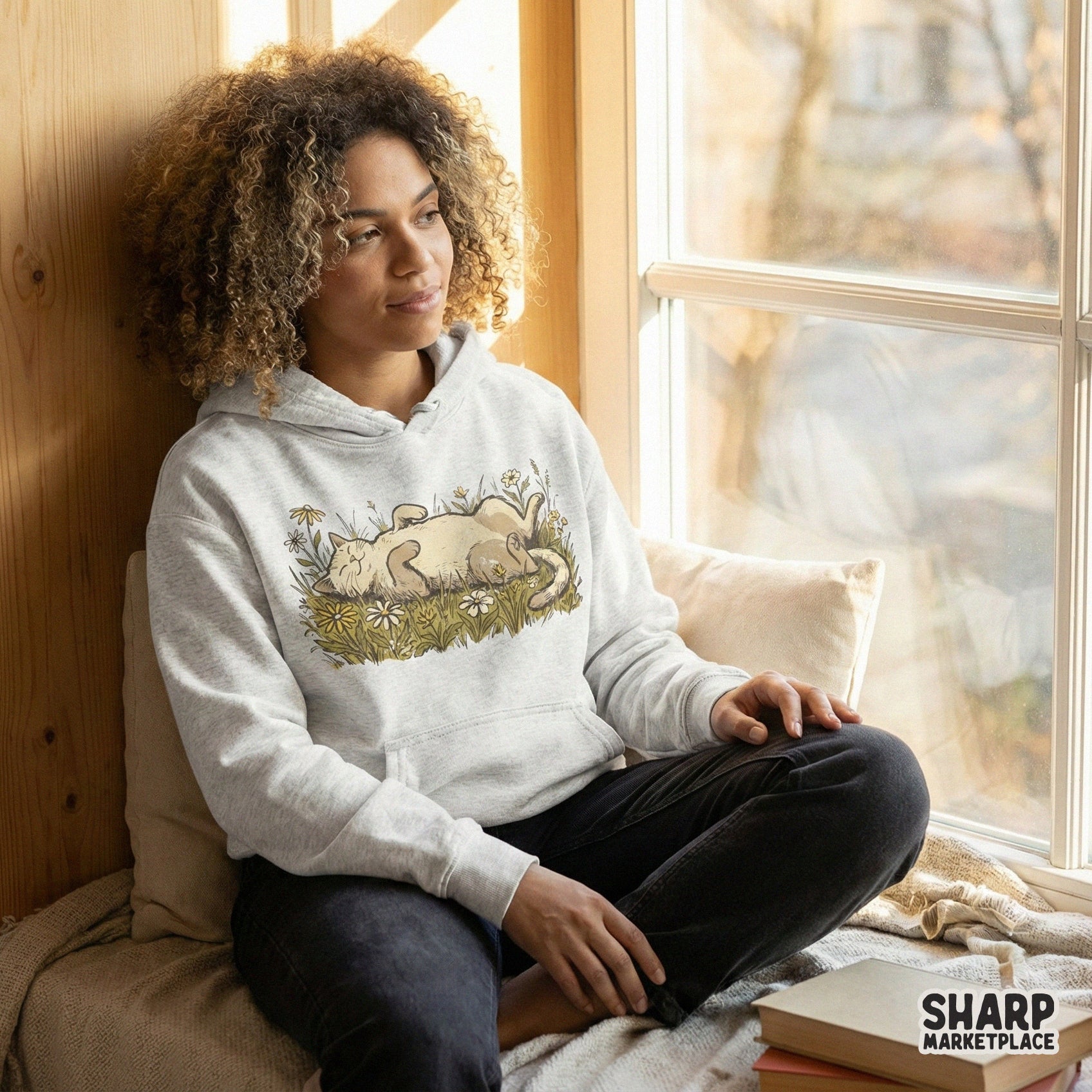 Lazy Cat in Wildflowers Relaxing PNG Digital Download, Cute Cat Lover Tee