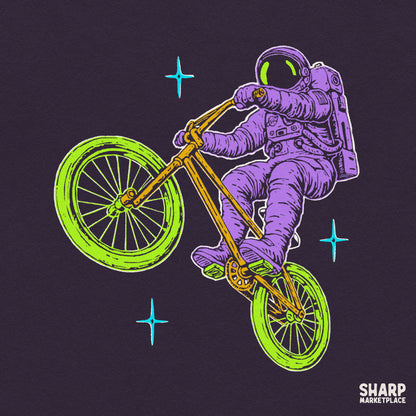 Retro neon astronaut riding a chopper bicycle in outer space sublimation PNG shirt design