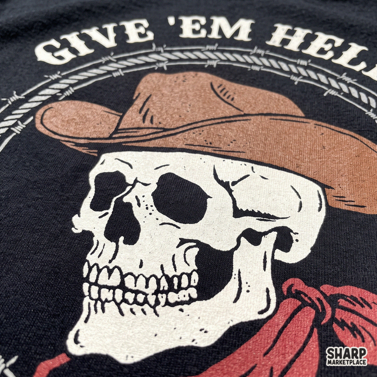 Retro Give Em Hell western PNG outlaw cowboy skull skeleton graphic with barbed wire for rebel country shirt designs