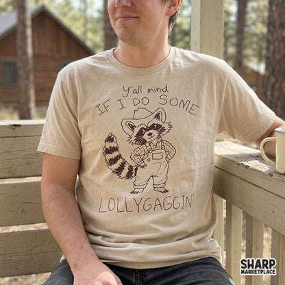 Rustic indie style raccoon illustration wearing a plaid shirt and overalls, ideal for creating sarcastic animal meme apparel or heat transfers.