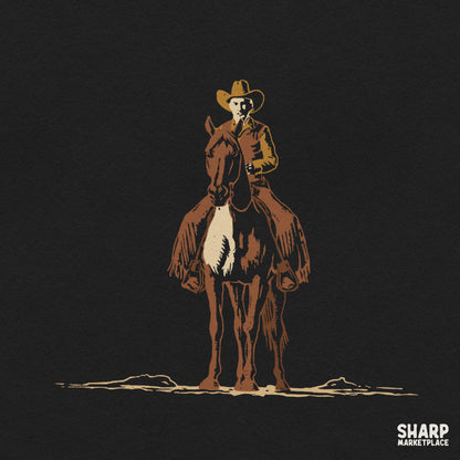 Classic dark silhouette cowboy on horseback retro western png design for country music shirts and ranch life apparel