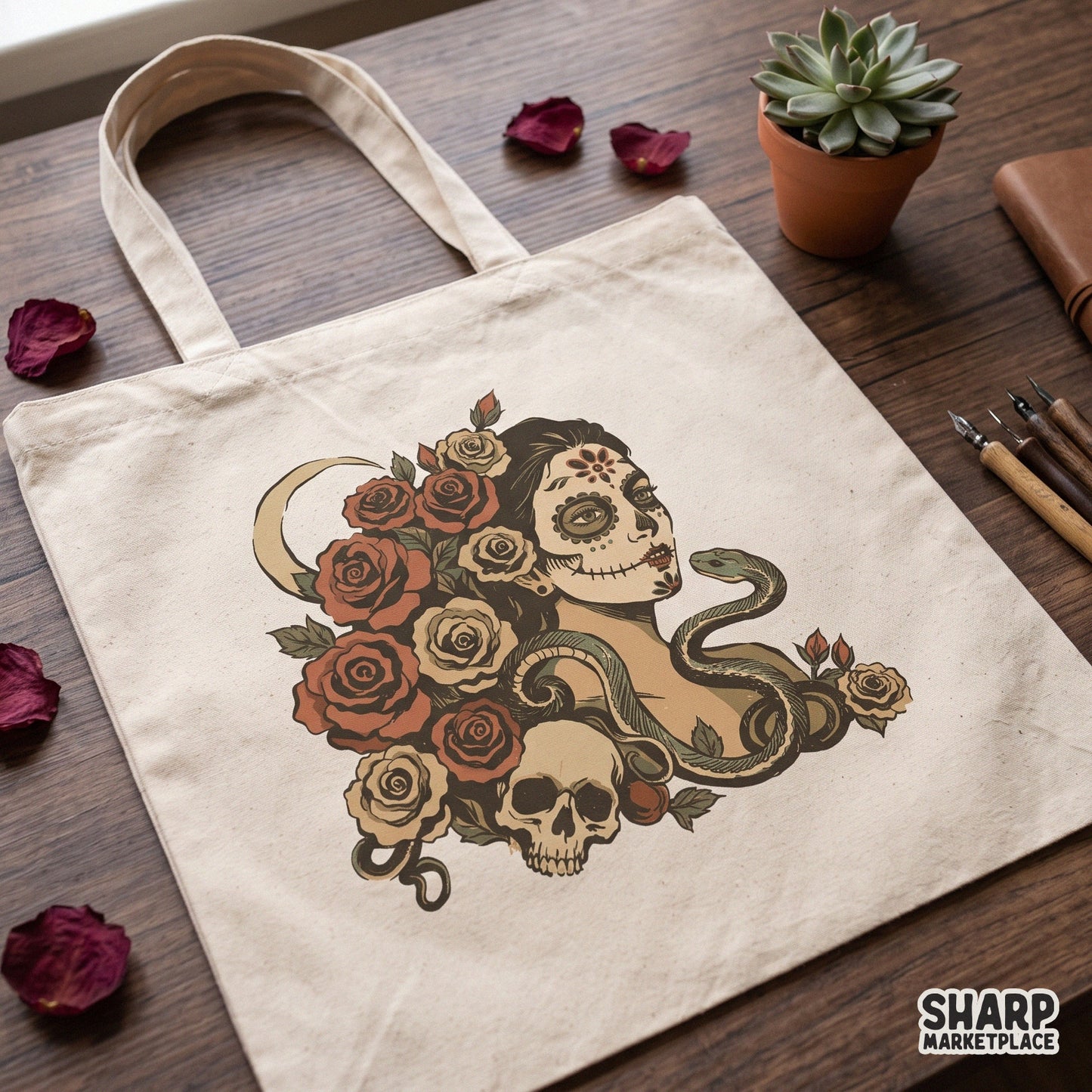 Sugar skull woman with roses and snake gothic halloween png sublimation design for spooky season shirts