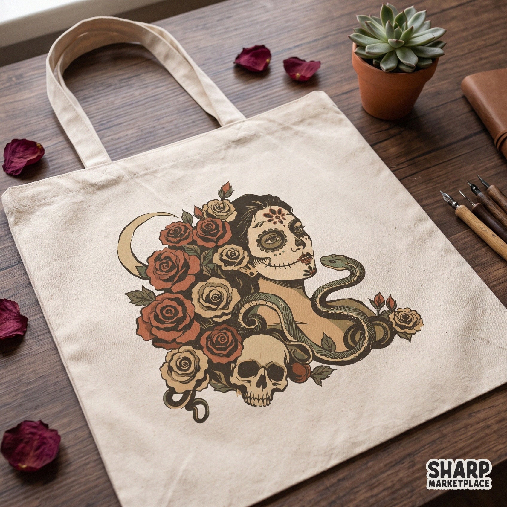 Sugar skull woman with roses and snake gothic halloween png sublimation design for spooky season shirts