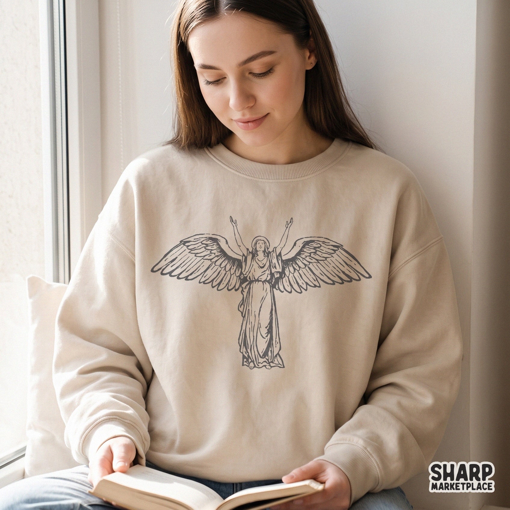 Vintage guardian angel with heavenly wings in a classic Christian religious style for spiritual sublimation t-shirt designs