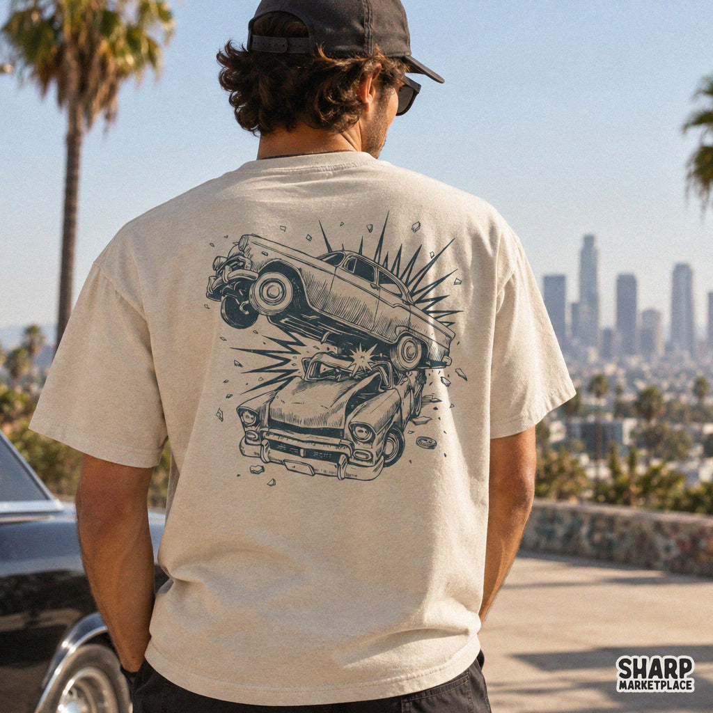 Vintage cars crashing mid air with flying debris and sparks, funny retro png graphic for t-shirt sublimation