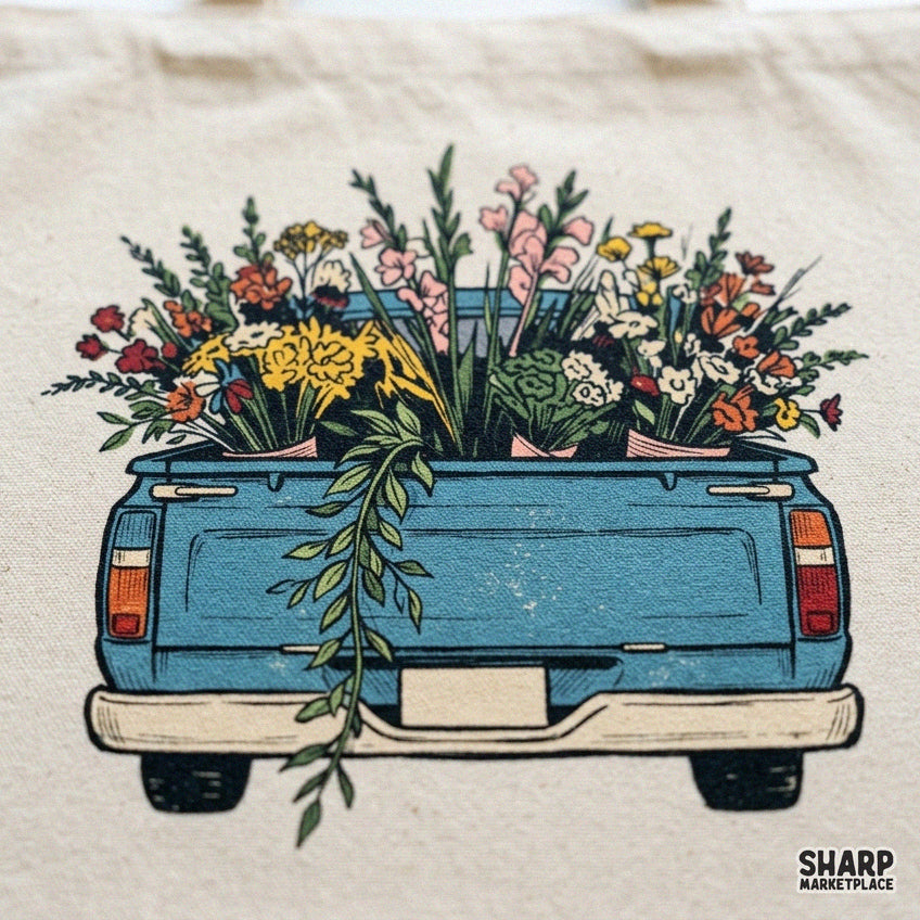 Blue vintage pickup truck tailgate full of wildflowers PNG design for Mother's Day shirt sublimation