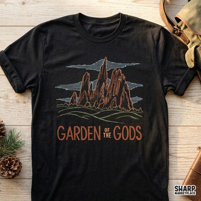 Dark line art Garden of the Gods Colorado mountain landscape graphic for retro western shirt sublimation PNG design