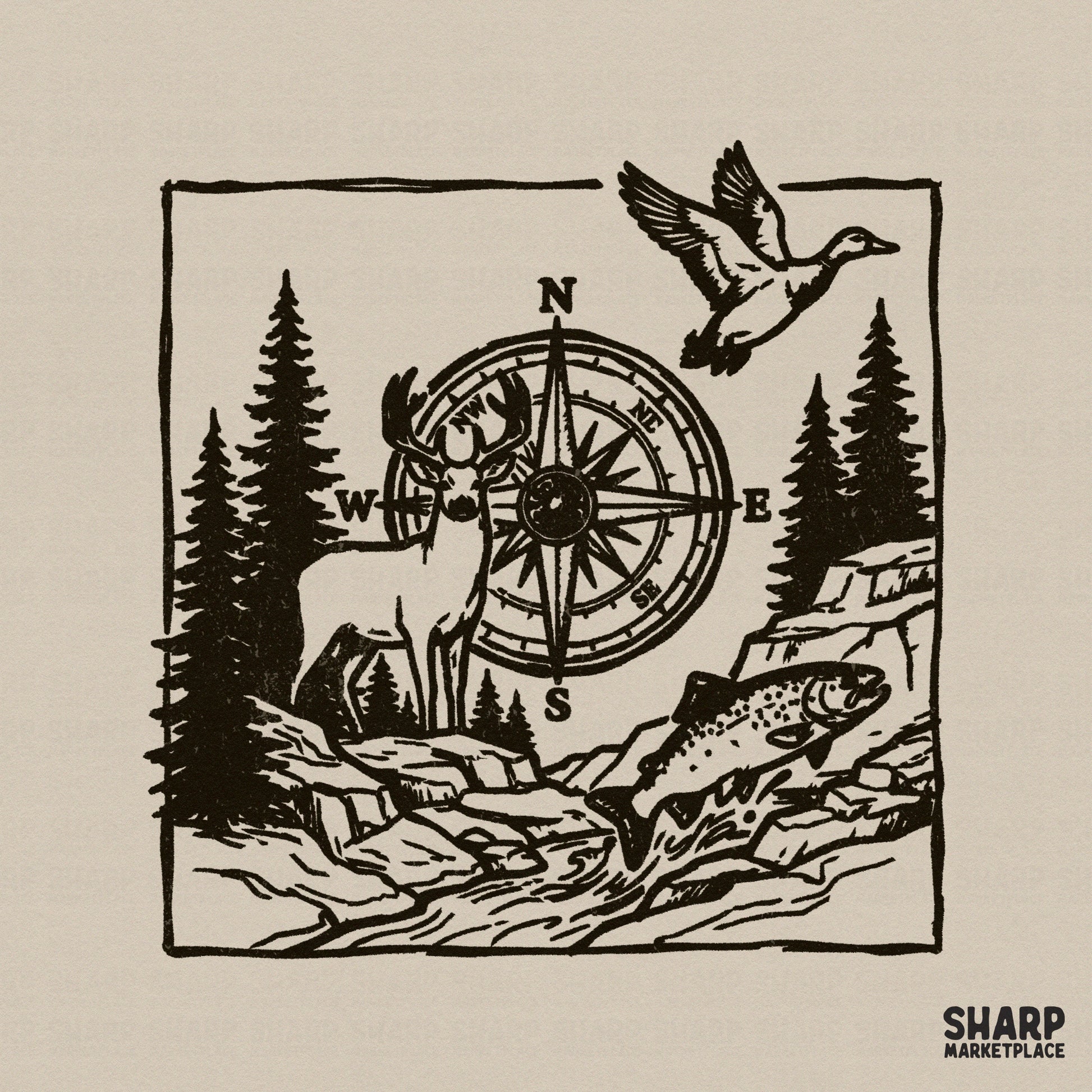 Hand-drawn wilderness design featuring a deer, flying duck, and jumping trout around a compass rose, styled in dark brown ink for outdoor apparel.