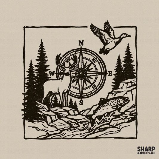 Hand-drawn wilderness design featuring a deer, flying duck, and jumping trout around a compass rose, styled in dark brown ink for outdoor apparel.