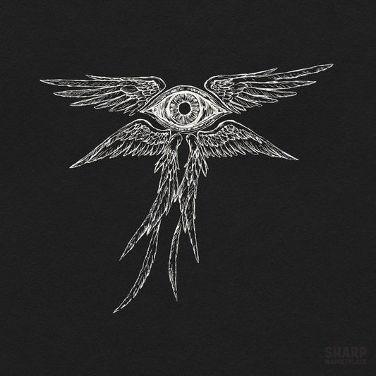 Biblically accurate winged eye angel illustration in a dark aesthetic spooky season Halloween png for t-shirt sublimation