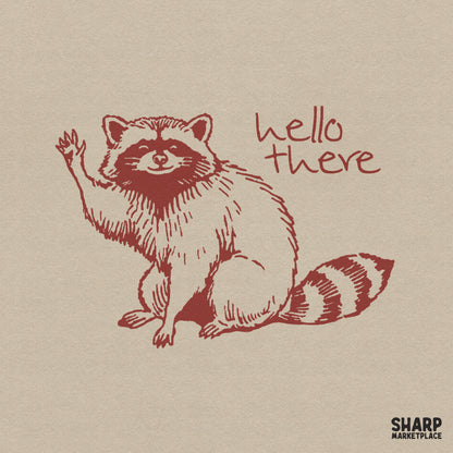 Vintage maroon ink illustration of a smiling raccoon waving with the handwritten text hello there, perfect for apparel and sublimation.