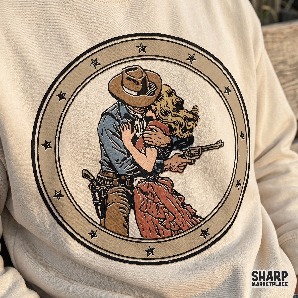 Vintage cowboy and cowgirl kissing retro western PNG graphic for t-shirts and country music apparel