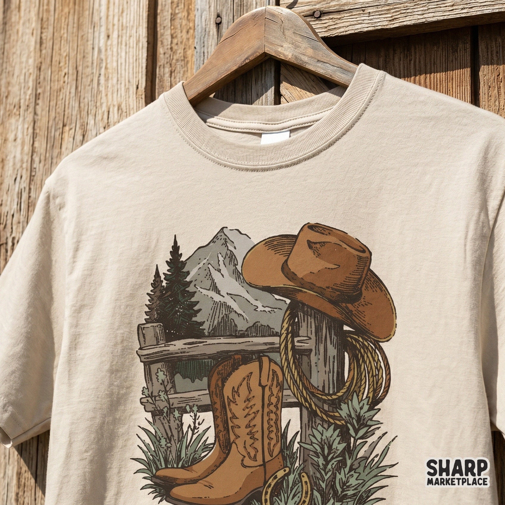 Vintage western cowboy boots and lasso on a fence mountain scene retro country music shirt png design