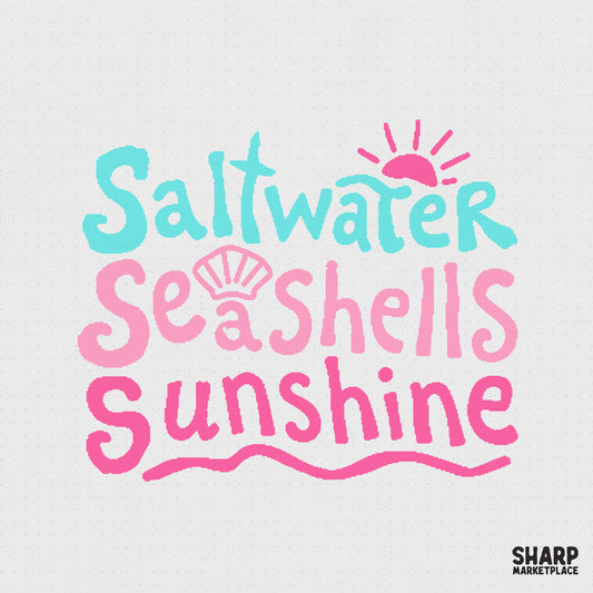 Retro summer PNG featuring the words Saltwater Seashells Sunshine in aqua and pink with a sun icon and seashell graphic for beach apparel.
